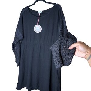 NWT Umgee Black Dress Sz Medium Linen Blend Crochet Sleeve Boho